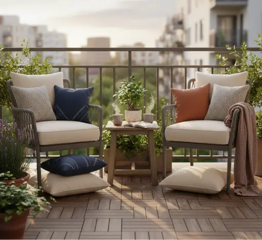Modern balcony furniture setup in Dubai with soft premium cushions and cozy outdoor styling.