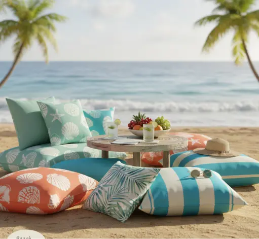 Premium outdoor beach floor cushions for luxury seaside lounging in Dubai.