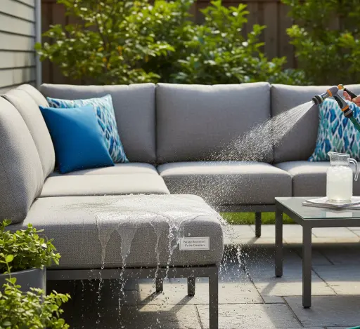 Waterproof grey patio cushions with blue decorative pillows for weather-proof outdoor seating.