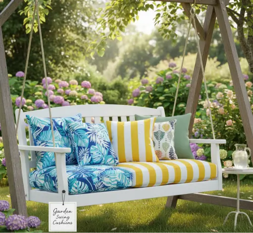 garden swing with vibrant tropical blue and yellow striped outdoor cushions.